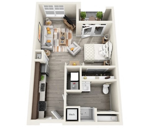 Floor plan for 1 bed, 1 bath, 542 sqft
